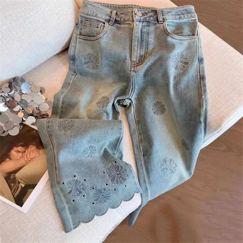 Korean 2025 Summer New Embroidered High Waist Wide Leg Jeans Pants Women's Temperament  All-Match Casual Cowboy Pants Ladies