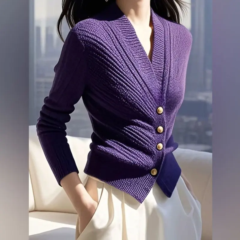 Autumn 2025 New Knitted Cardigan Women V-neck Sweater Ladies Casual Solid Temperament Waist Knitt Sweater Female Outwear