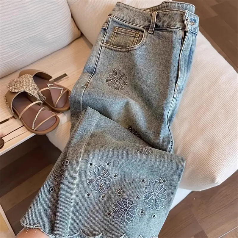 Korean 2025 Summer New Embroidered High Waist Wide Leg Jeans Pants Women's Temperament  All-Match Casual Cowboy Pants Ladies