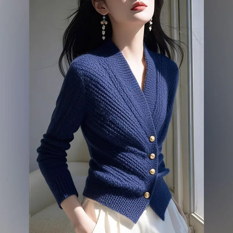 Autumn 2025 New Knitted Cardigan Women V-neck Sweater Ladies Casual Solid Temperament Waist Knitt Sweater Female Outwear