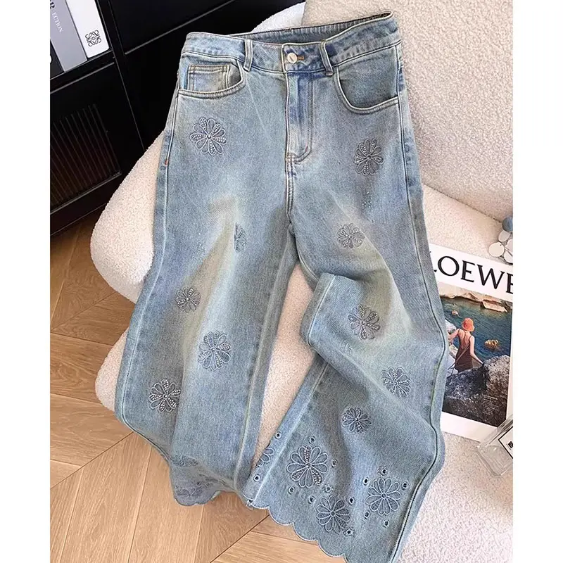 Korean 2025 Summer New Embroidered High Waist Wide Leg Jeans Pants Women's Temperament  All-Match Casual Cowboy Pants Ladies