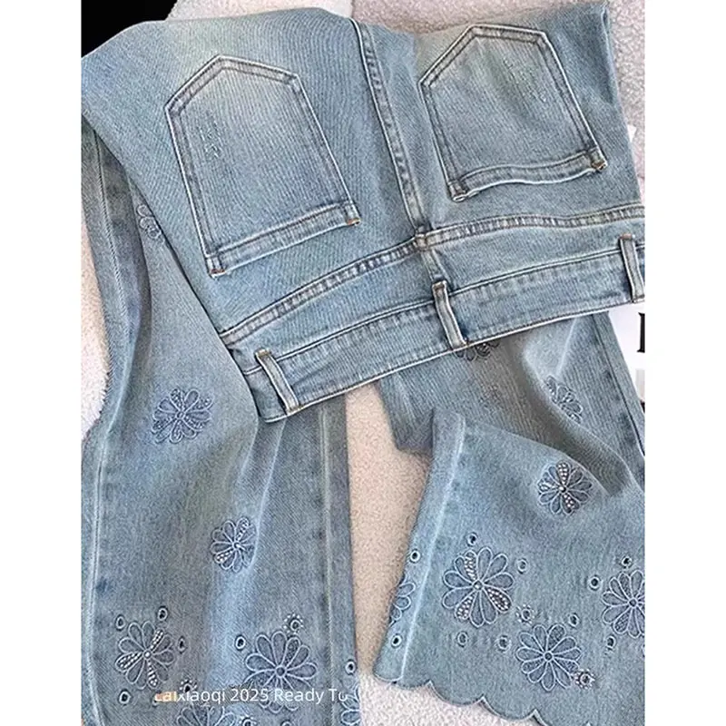 Korean 2025 Summer New Embroidered High Waist Wide Leg Jeans Pants Women's Temperament  All-Match Casual Cowboy Pants Ladies