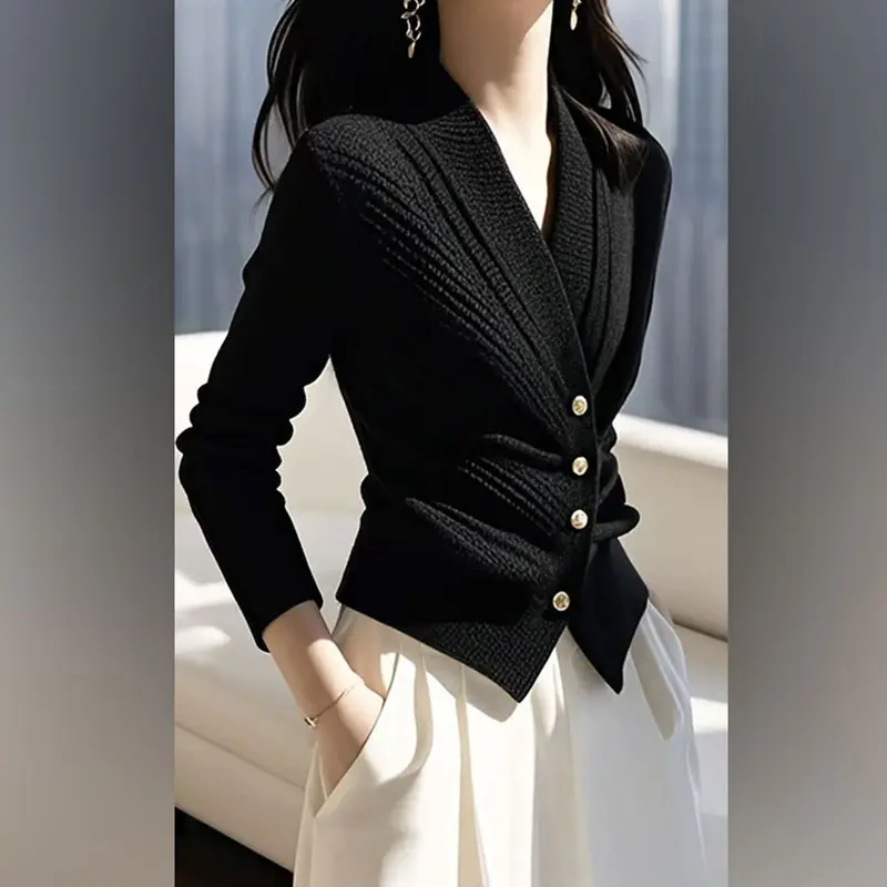 Autumn 2025 New Knitted Cardigan Women V-neck Sweater Ladies Casual Solid Temperament Waist Knitt Sweater Female Outwear