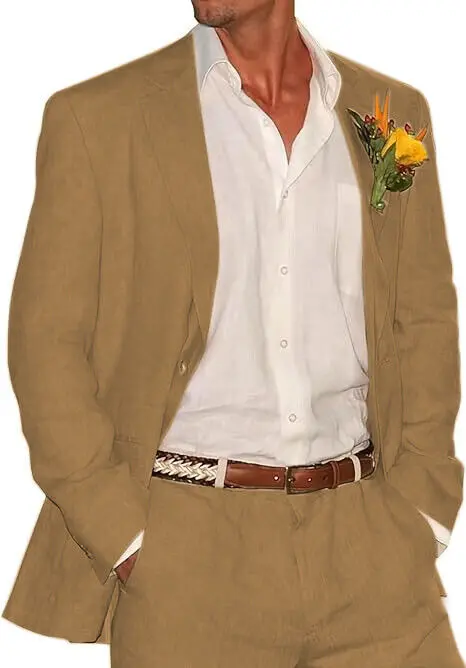 Men 2 Piece Linen Suit Groomsmen Summer Wedding Tuxedos Blazer+Pants