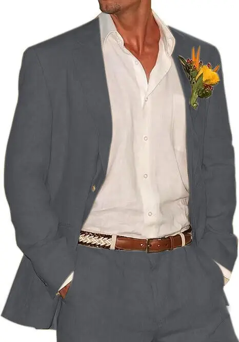 Men 2 Piece Linen Suit Groomsmen Summer Wedding Tuxedos Blazer+Pants