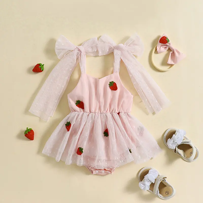 ma&baby 0-18M Baby Girl Romper Newborn Infant Toddler Jumpsuit Summer Strawberry Embroidery Mesh Sunsuit Headband Outfits
