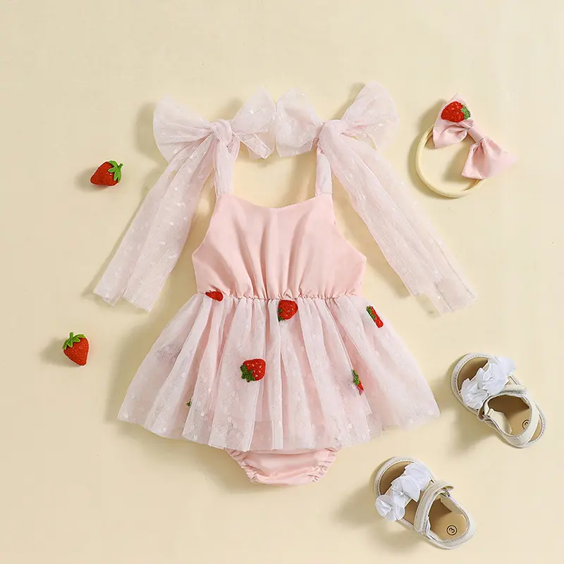 ma&baby 0-18M Baby Girl Romper Newborn Infant Toddler Jumpsuit Summer Strawberry Embroidery Mesh Sunsuit Headband Outfits