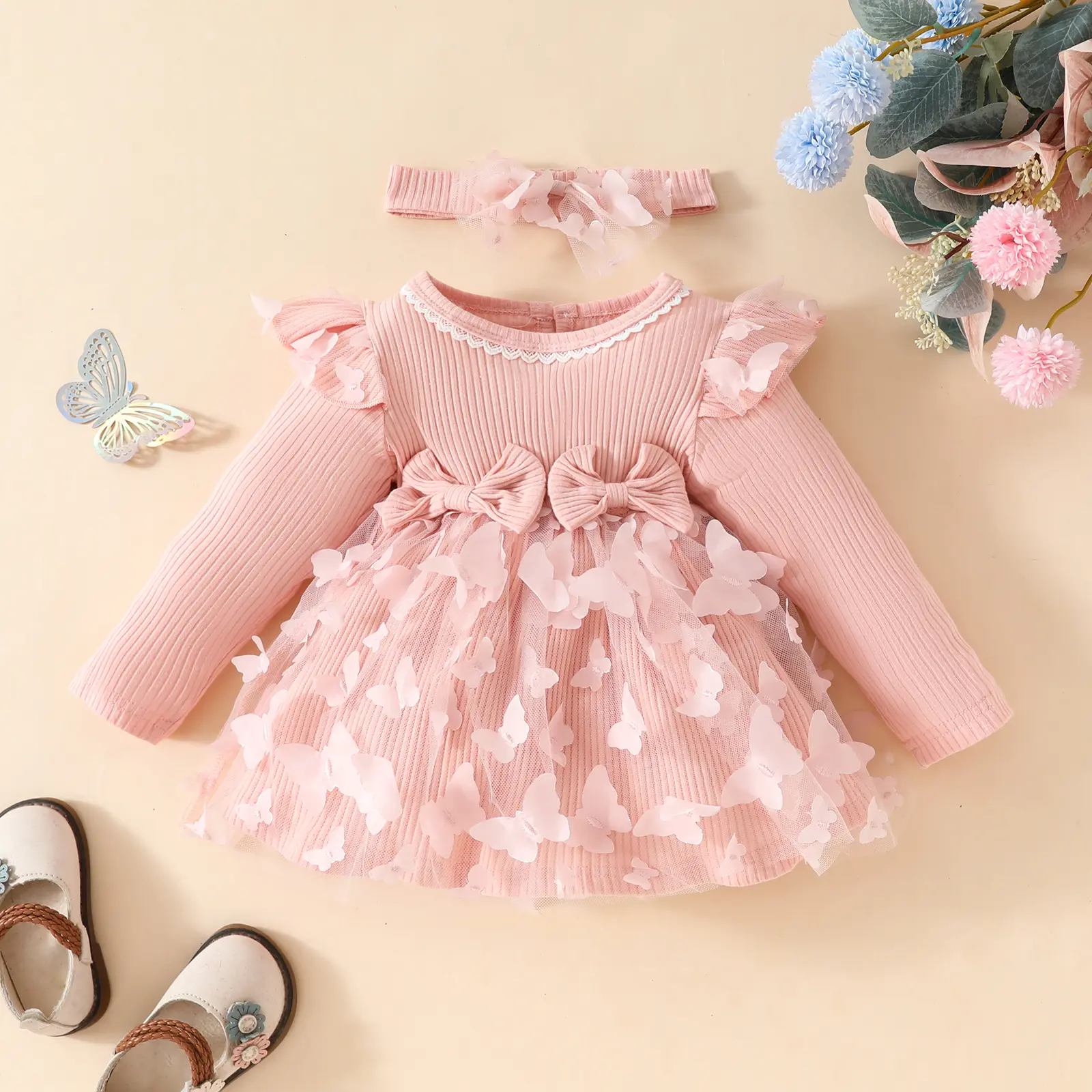 ma&baby 6M-3Y Baby Girls Romper Newborn Infant Toddler Long Sleeve Jumpsuit Butterfly Tulle Clothes Headband Fall Spring Outfit