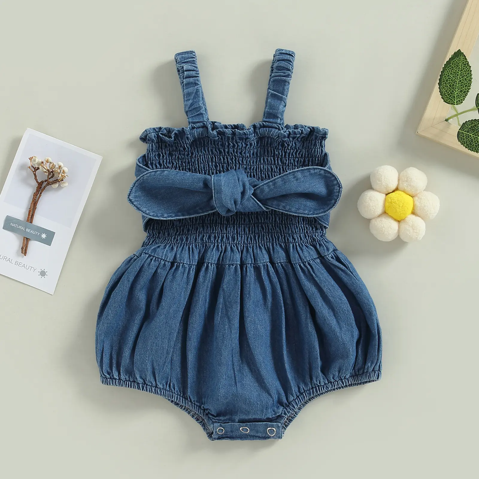 ma&baby 0-18M Baby Girls Romper Newborn Infant Toddler Denim Jumpsuit Sleeveless Bow Sunsuit Overall Solid Color Clothing
