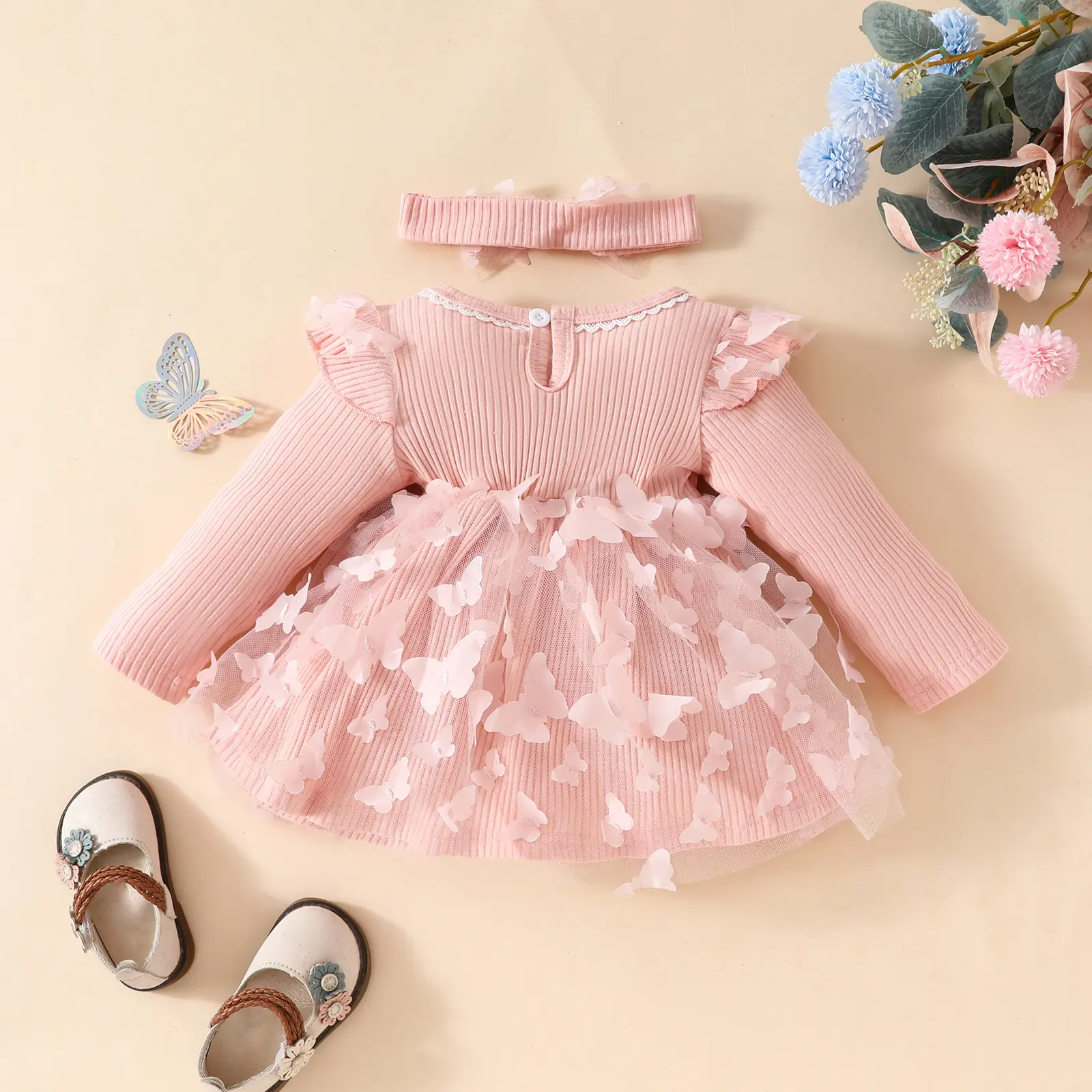 ma&baby 6M-3Y Baby Girls Romper Newborn Infant Toddler Long Sleeve Jumpsuit Butterfly Tulle Clothes Headband Fall Spring Outfit