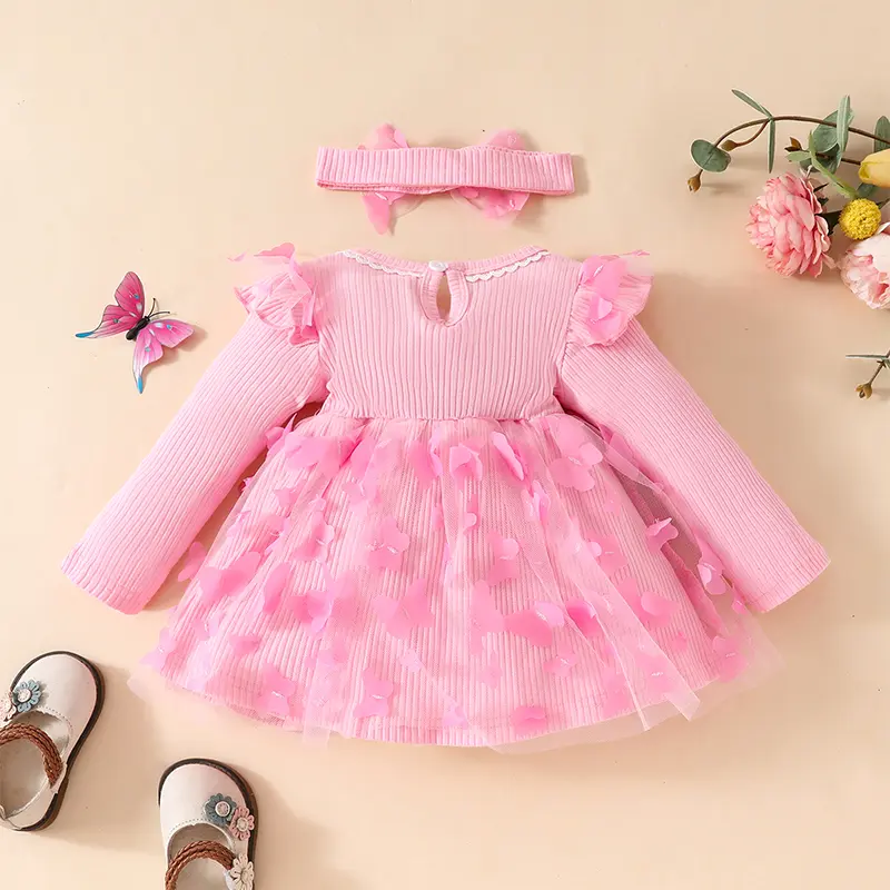 ma&baby 6M-3Y Baby Girls Romper Newborn Infant Toddler Long Sleeve Jumpsuit Butterfly Tulle Clothes Headband Fall Spring Outfit