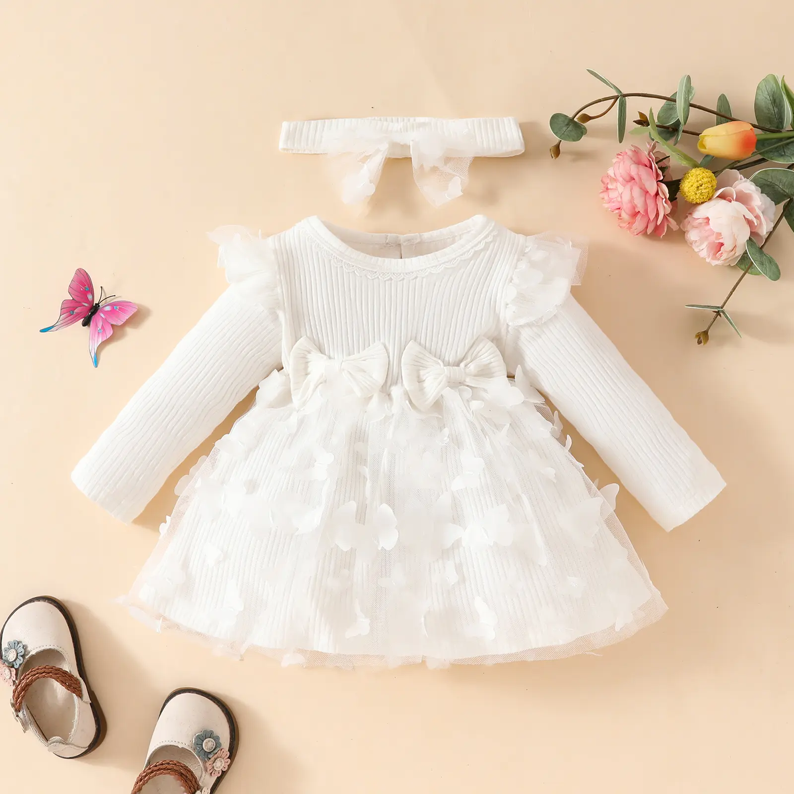 ma&baby 6M-3Y Baby Girls Romper Newborn Infant Toddler Long Sleeve Jumpsuit Butterfly Tulle Clothes Headband Fall Spring Outfit