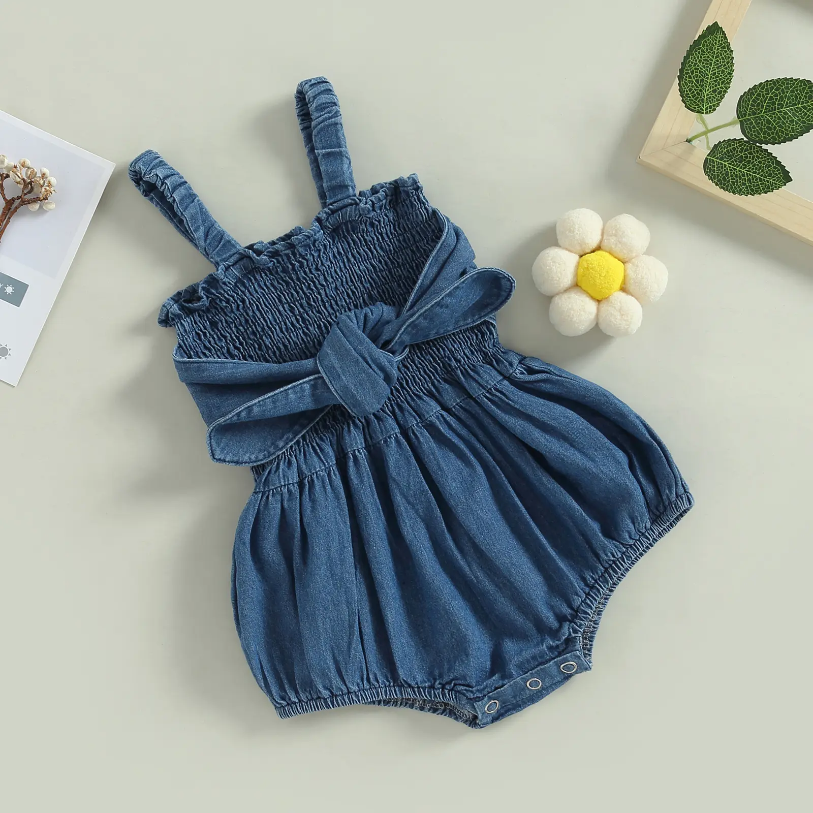 ma&baby 0-18M Baby Girls Romper Newborn Infant Toddler Denim Jumpsuit Sleeveless Bow Sunsuit Overall Solid Color Clothing