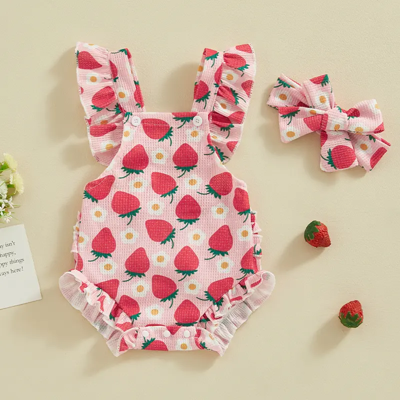 ma&baby 0-18M Newborn Infant Toddler Baby Girls Romper Strawberry/Flower/Cherry Print Jumpsuit Overalls Headband Summer Outfits