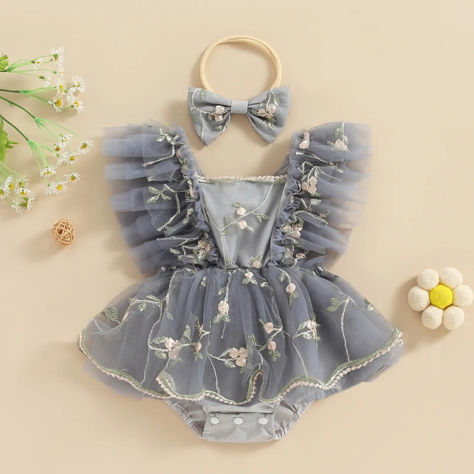 ma&baby 0-24M Baby Girls Romper Newborn Toddler Infant Princess Tulle Floral Embroidery Jumpsuit + Bow Headband Summer Outfits