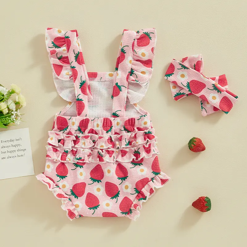ma&baby 0-18M Newborn Infant Toddler Baby Girls Romper Strawberry/Flower/Cherry Print Jumpsuit Overalls Headband Summer Outfits