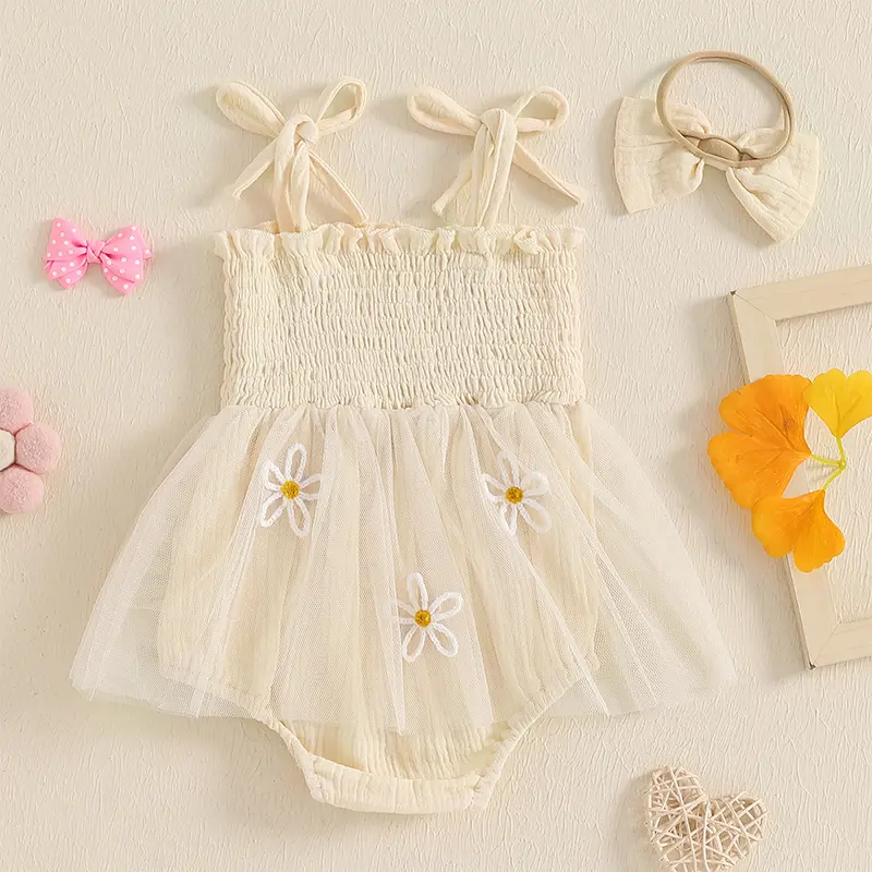 ma&baby 6-18M Newborn Infant Baby Girl Romper Letter Bee Embroidery Sleeveless Tulle Jumpsuit Overall Headband Summer Outfit D10