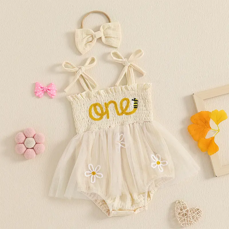 ma&baby 6-18M Newborn Infant Baby Girl Romper Letter Bee Embroidery Sleeveless Tulle Jumpsuit Overall Headband Summer Outfit D10
