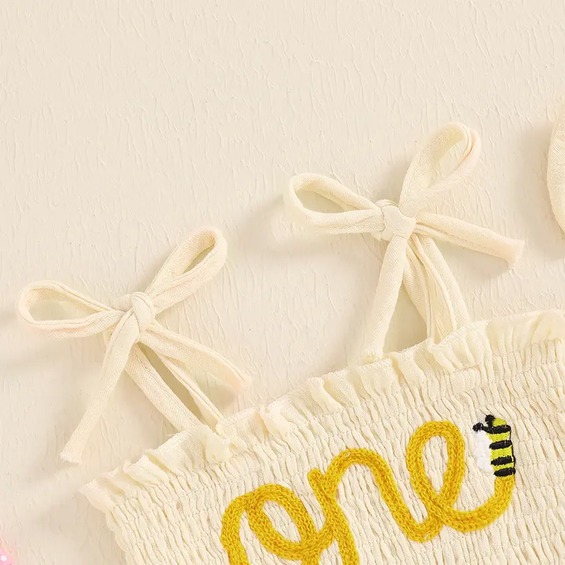 ma&baby 6-18M Newborn Infant Baby Girl Romper Letter Bee Embroidery Sleeveless Tulle Jumpsuit Overall Headband Summer Outfit D10
