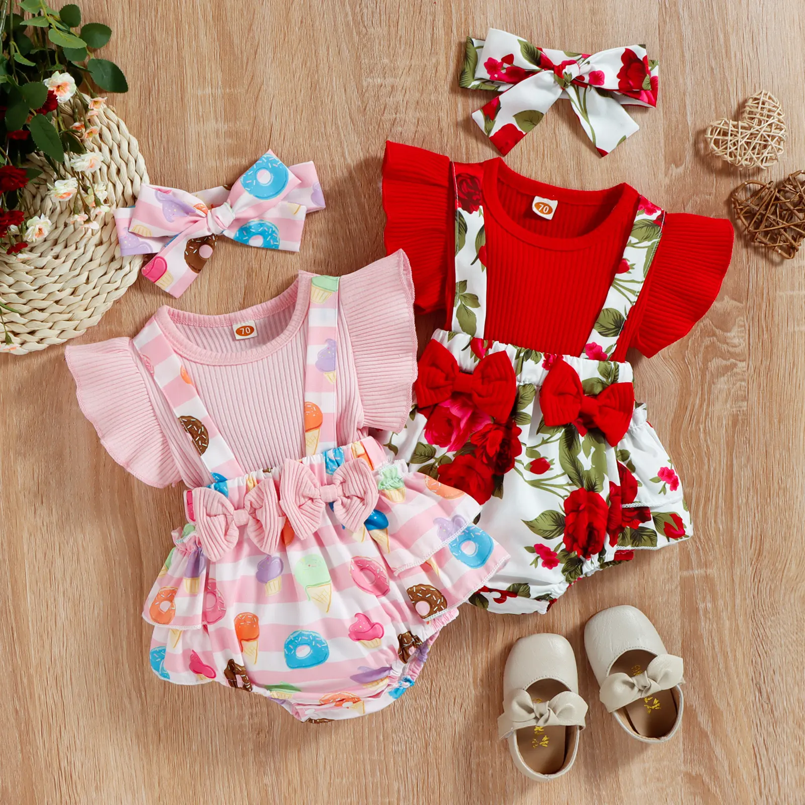 ma&baby 0-18M Baby Girl Romper Newborn Toddler Infant Jumpsuit Floral Doughnut Print Overalls Headband Summer Outfits Clothing