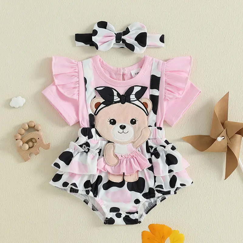 Baby Girl Summer Outfit Cartoon Bear Embroidery Cow Spotted Ruffled Short Sleeve Romper with Bow Headband 2 Pcs Set