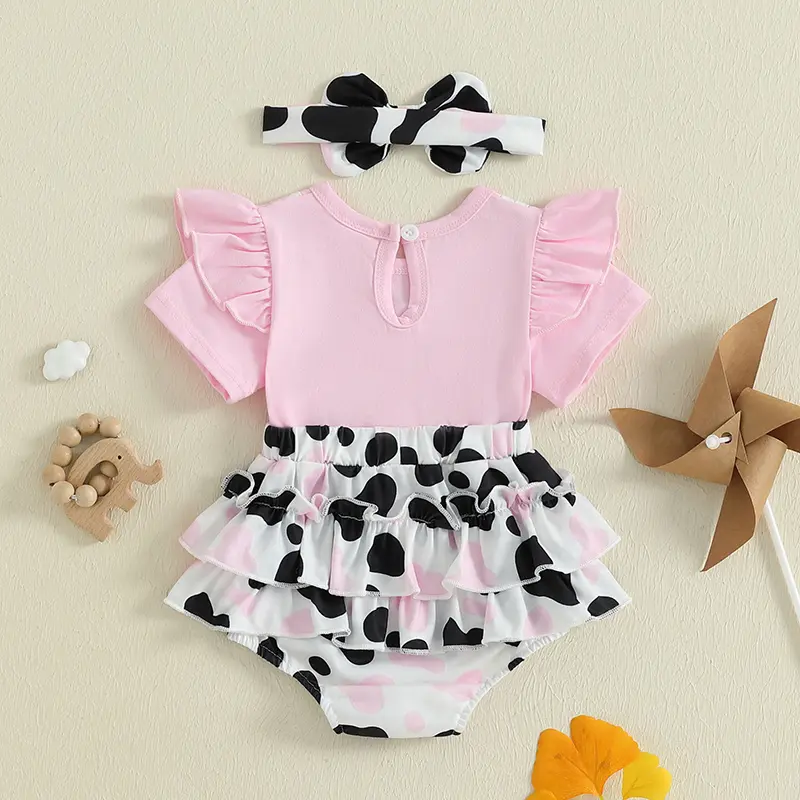 Baby Girl Summer Outfit Cartoon Bear Embroidery Cow Spotted Ruffled Short Sleeve Romper with Bow Headband 2 Pcs Set