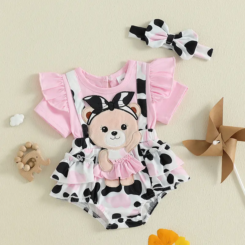 Baby Girl Summer Outfit Cartoon Bear Embroidery Cow Spotted Ruffled Short Sleeve Romper with Bow Headband 2 Pcs Set