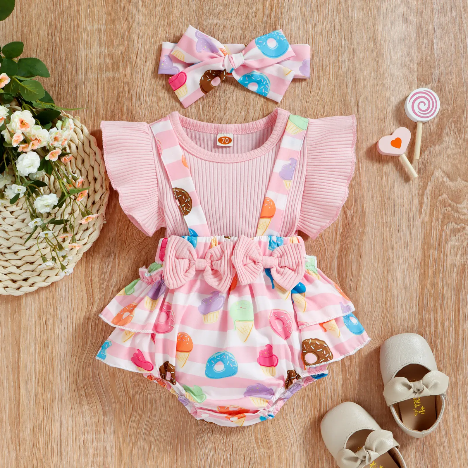 ma&baby 0-18M Baby Girl Romper Newborn Toddler Infant Jumpsuit Floral Doughnut Print Overalls Headband Summer Outfits Clothing