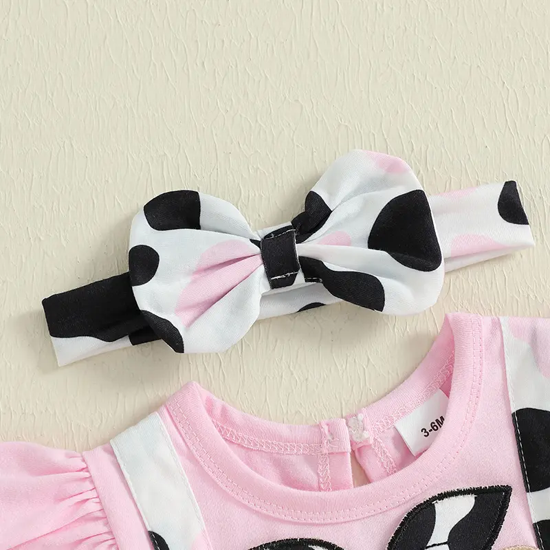 Baby Girl Summer Outfit Cartoon Bear Embroidery Cow Spotted Ruffled Short Sleeve Romper with Bow Headband 2 Pcs Set