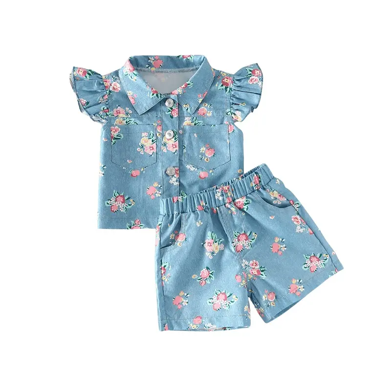 ma&baby 1-5Y Toddler Kid Baby Girls Clothes Sets Summer Outfits Short Sleeve Button Up Floral Denim Tops and Shorts Sets
