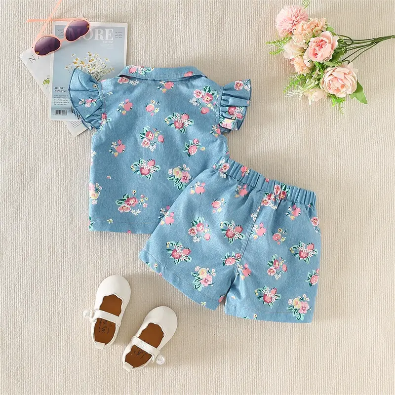 ma&baby 1-5Y Toddler Kid Baby Girls Clothes Sets Summer Outfits Short Sleeve Button Up Floral Denim Tops and Shorts Sets