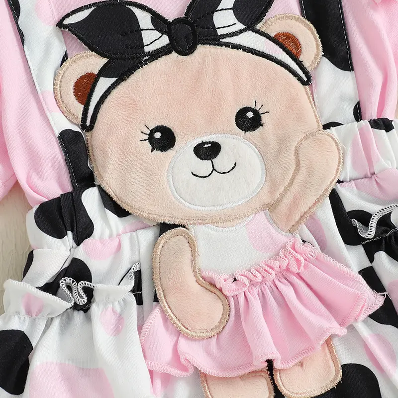 Baby Girl Summer Outfit Cartoon Bear Embroidery Cow Spotted Ruffled Short Sleeve Romper with Bow Headband 2 Pcs Set