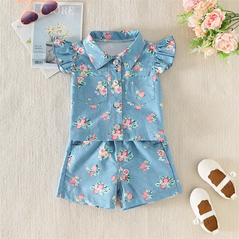 ma&baby 1-5Y Toddler Kid Baby Girls Clothes Sets Summer Outfits Short Sleeve Button Up Floral Denim Tops and Shorts Sets