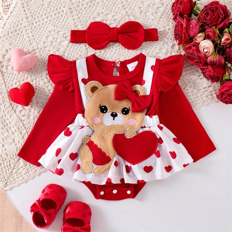 ma&baby 0-18M Valentine's Day Baby Girl Romper Cute Heart Print Bear Embroidery Jumpsuit with Headband Newborn Outfits