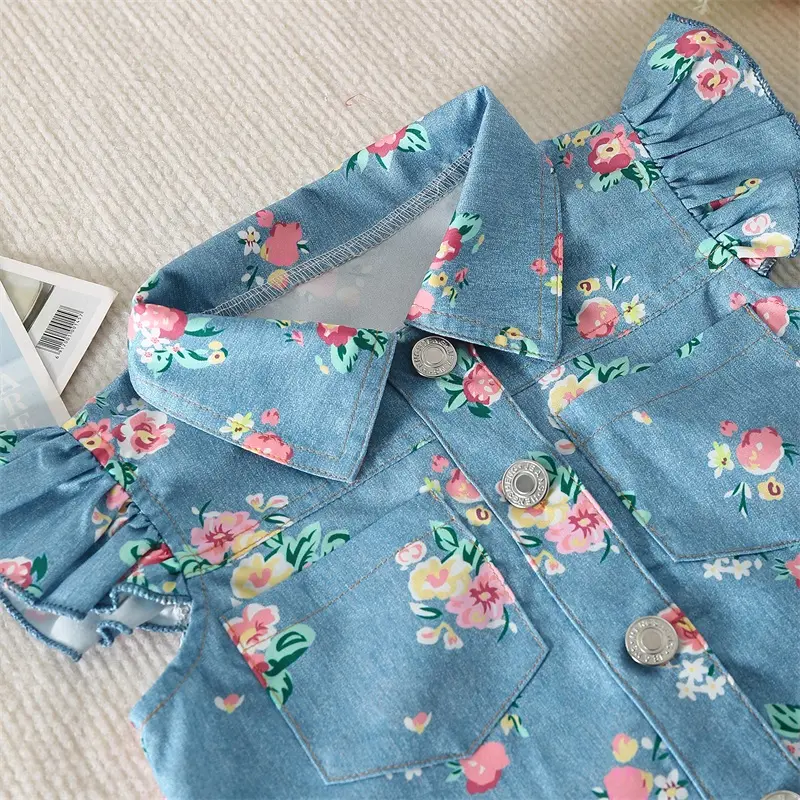 ma&baby 1-5Y Toddler Kid Baby Girls Clothes Sets Summer Outfits Short Sleeve Button Up Floral Denim Tops and Shorts Sets