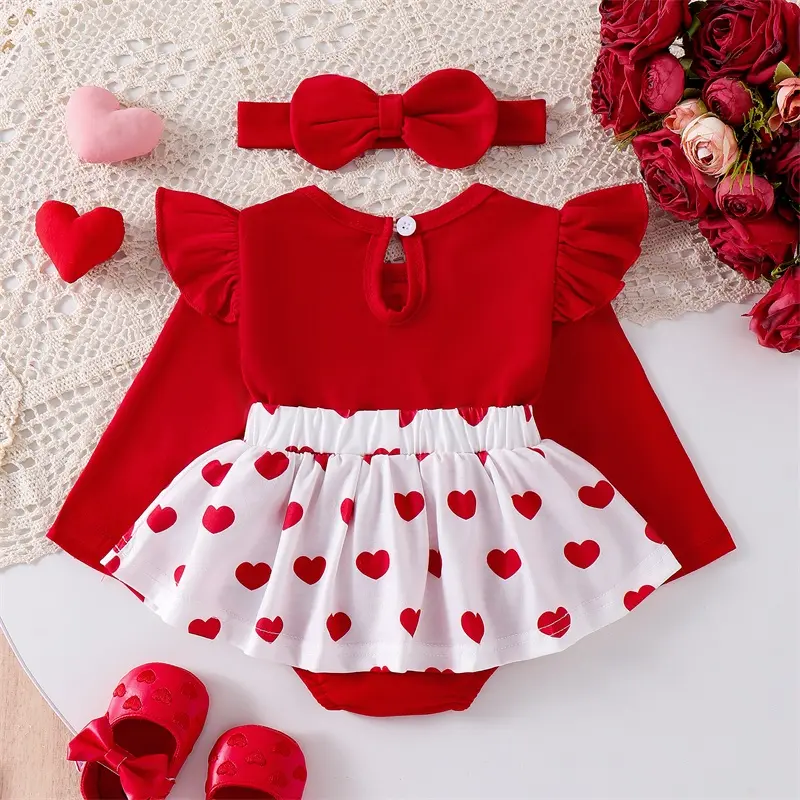 ma&baby 0-18M Valentine's Day Baby Girl Romper Cute Heart Print Bear Embroidery Jumpsuit with Headband Newborn Outfits