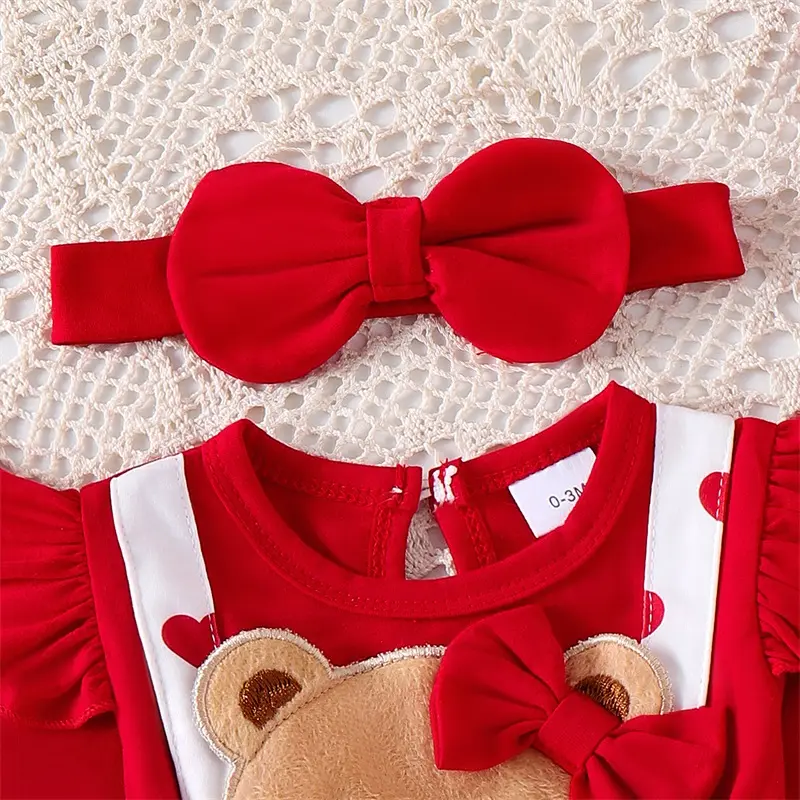 ma&baby 0-18M Valentine's Day Baby Girl Romper Cute Heart Print Bear Embroidery Jumpsuit with Headband Newborn Outfits