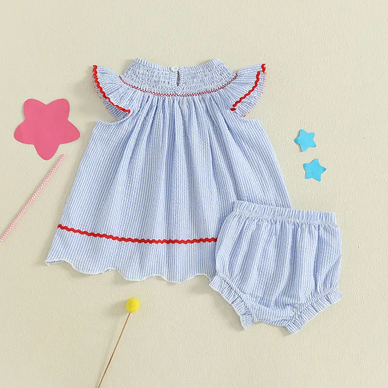 Baby Girl 4th of July Outfit Ruffled Firework Embroidery Striped Smocked Flying Sleeve Tops and Shorts 2 Pcs Set