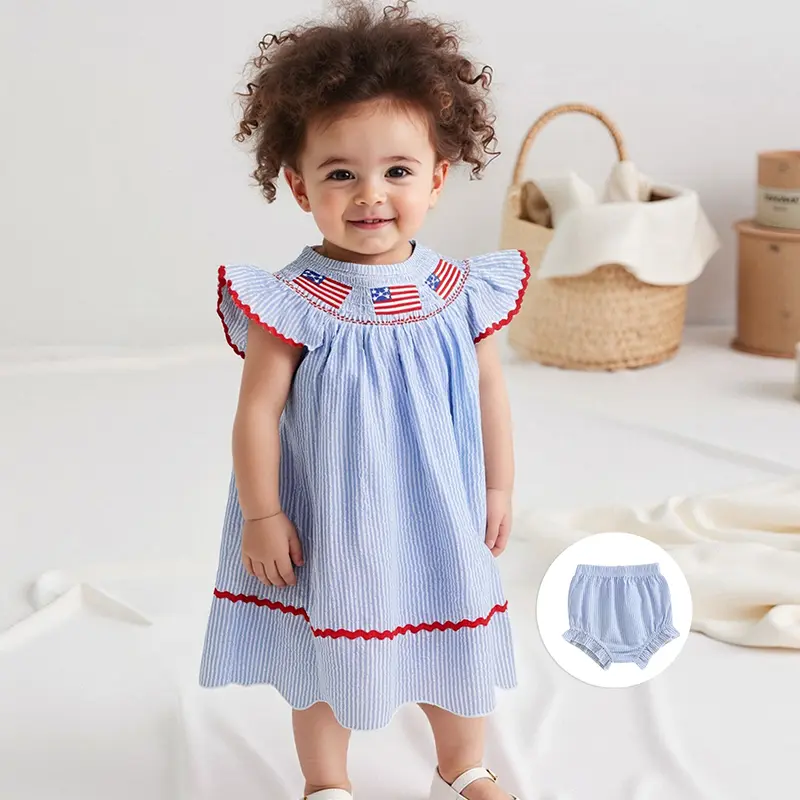 Baby Girl 4th of July Outfit Ruffled Firework Embroidery Striped Smocked Flying Sleeve Tops and Shorts 2 Pcs Set