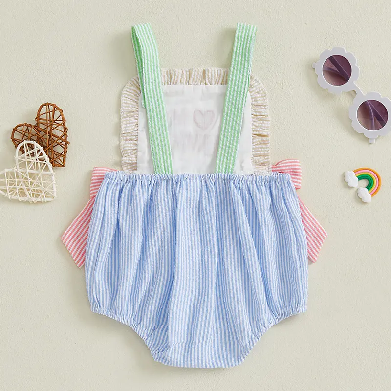 Baby Girl Romper Sleeveless Square Neck Bow Front Stripes Print Bodysuit Newborn Playsuit