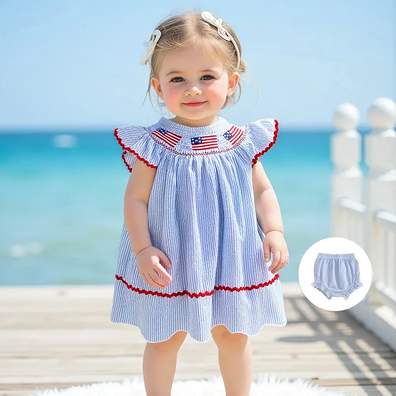 Baby Girl 4th of July Outfit Ruffled Firework Embroidery Striped Smocked Flying Sleeve Tops and Shorts 2 Pcs Set