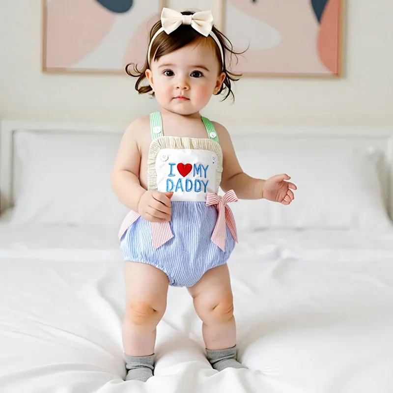 Baby Girl Romper Sleeveless Square Neck Bow Front Stripes Print Bodysuit Newborn Playsuit