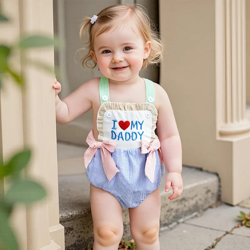 Baby Girl Romper Sleeveless Square Neck Bow Front Stripes Print Bodysuit Newborn Playsuit
