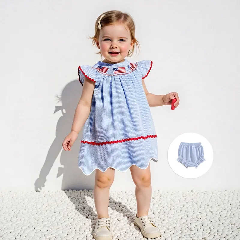 Baby Girl 4th of July Outfit Ruffled Firework Embroidery Striped Smocked Flying Sleeve Tops and Shorts 2 Pcs Set