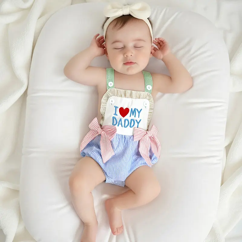 Baby Girl Romper Sleeveless Square Neck Bow Front Stripes Print Bodysuit Newborn Playsuit