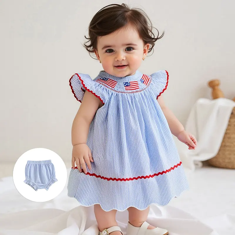 Baby Girl 4th of July Outfit Ruffled Firework Embroidery Striped Smocked Flying Sleeve Tops and Shorts 2 Pcs Set
