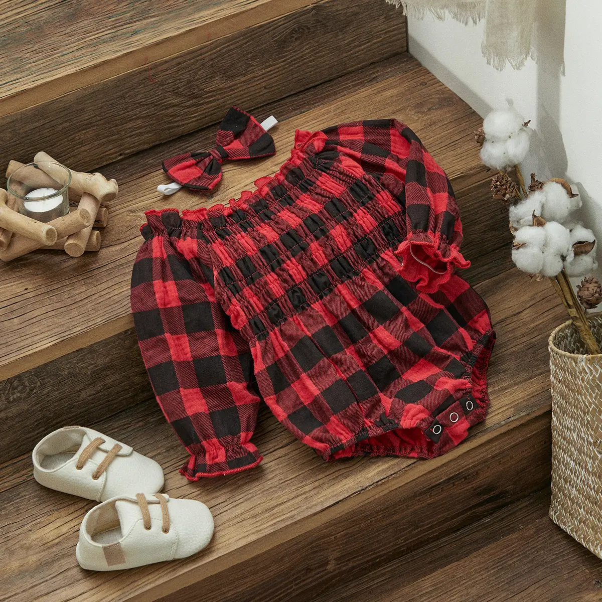 ma&baby 0-18M Christmas Baby Girl Romper Newborn Infant Toddler Plaid Print Long Sleeve Jumpsuit Xmas Costumes Outfit