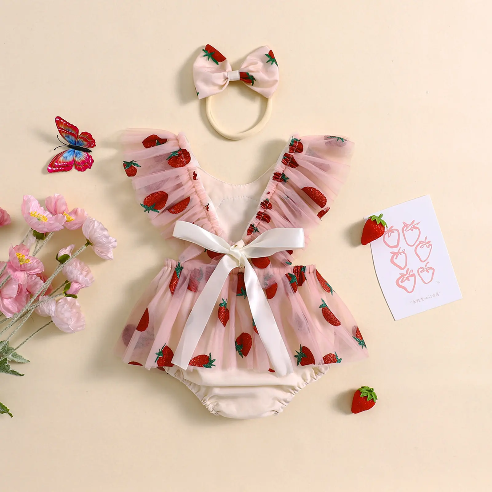 ma&baby 0-18M Baby Girl Romper Newborn Infant Toddler Jumpsuit Strawberry Embroidery Tulle Sunsuit Overall Headband  Outfit