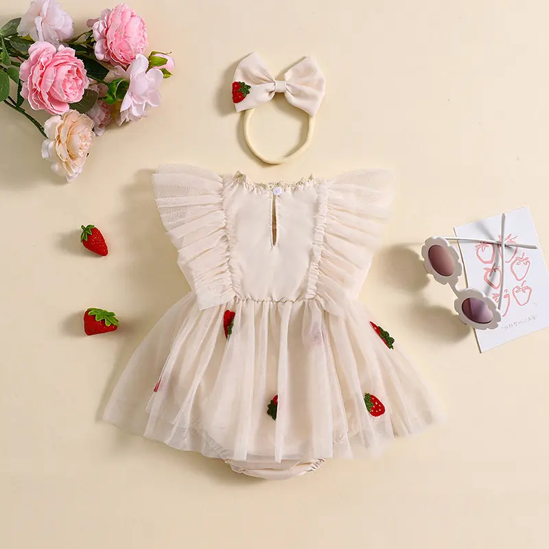ma&baby 0-18M Baby Girl Romper Newborn Infant Toddler Tulle Jumpsuit Strawberry Embroidery Mesh Sunsuit Headband  Summer Outfits