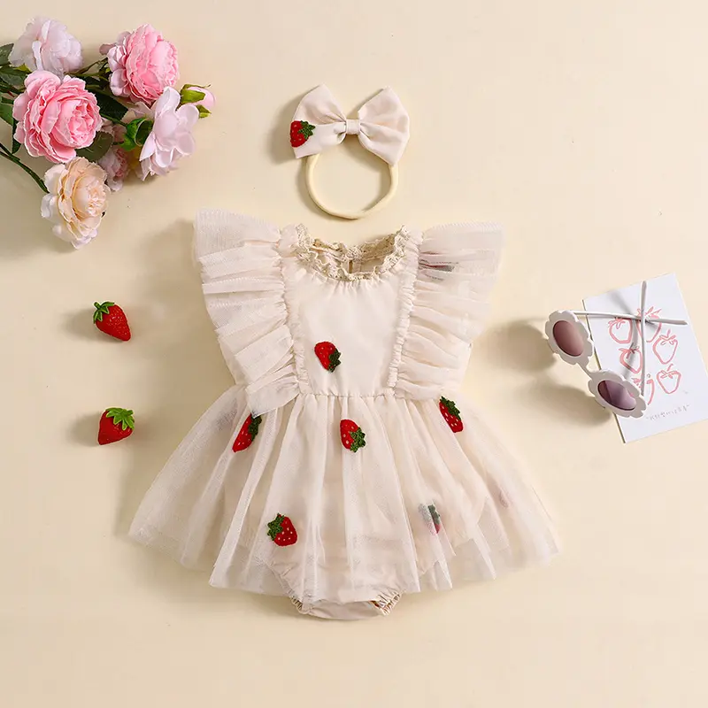 ma&baby 0-18M Baby Girl Romper Newborn Infant Toddler Tulle Jumpsuit Strawberry Embroidery Mesh Sunsuit Headband  Summer Outfits